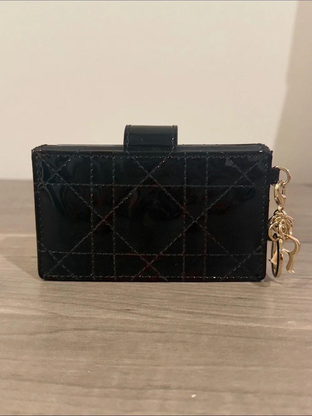 Lady Dior Black Patent Quilted Card & Key Holder with Gold Charm